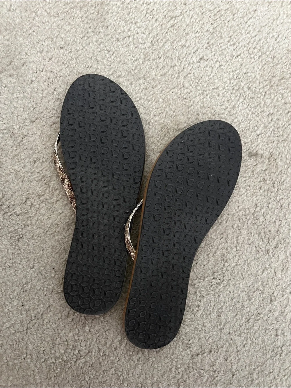 Reef Tan Flip Flop Sandals with Silver Snake-Print Straps